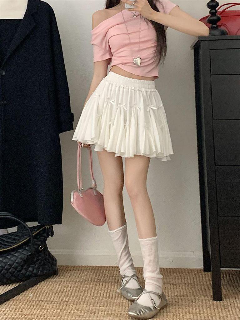 Petite Women's Summer Elastic Waist Pleated A-line Mini Skirt with Built-in Safety Shorts and Bow