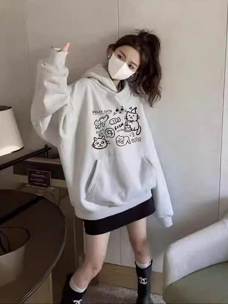 Women's American-Style Thickened Hoodie, Autumn/Winter 2024, Plus Velvet Heavyweight, Loose Fit, Lazy Style Outerwear