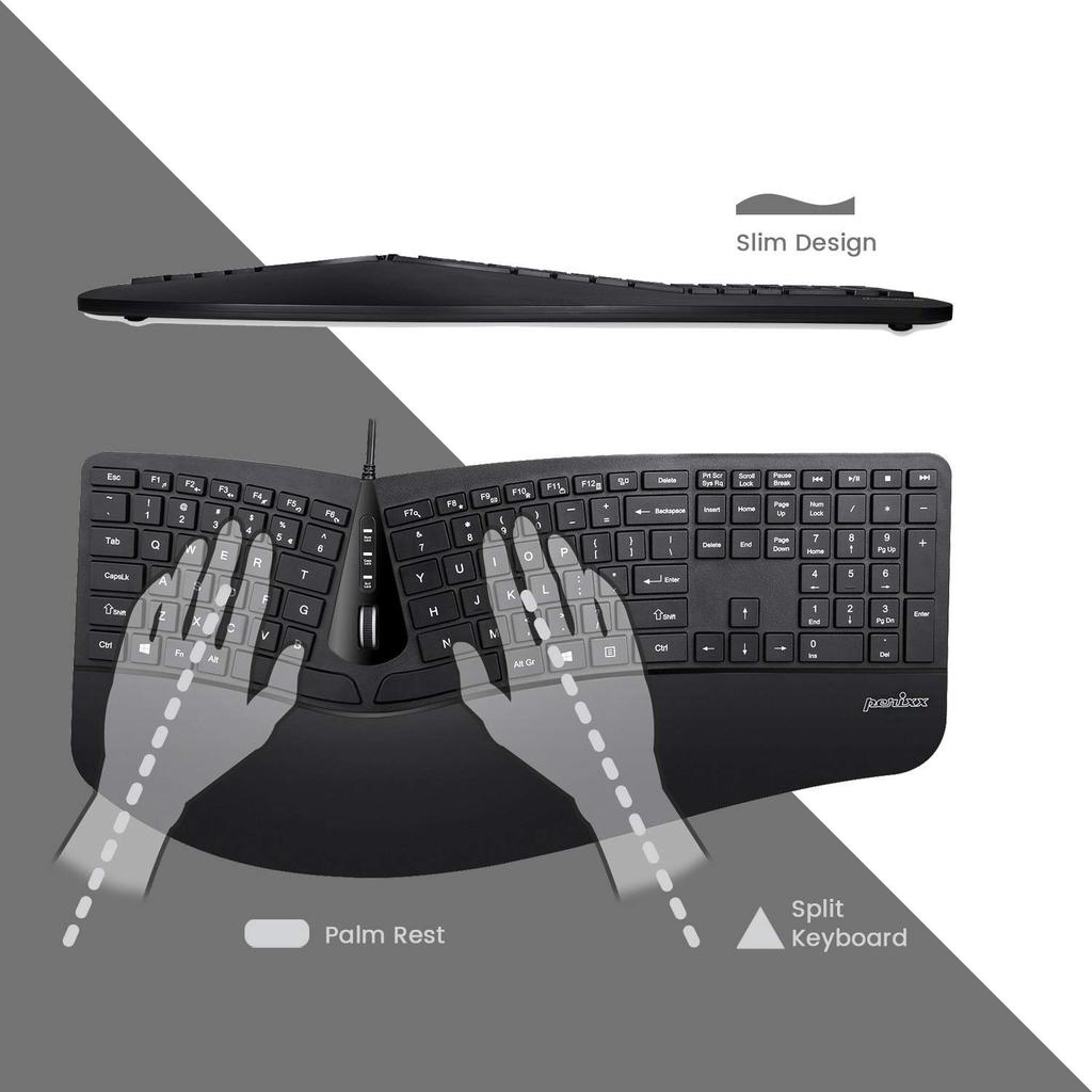 Perixx PERIDUO-505 Ergonomic Keyboard with Vertical Mouse, Wired, Adjustable Palm Rest, 4-Way Tilt Wheel, Membrane Keyboard, English Layout, Shallow