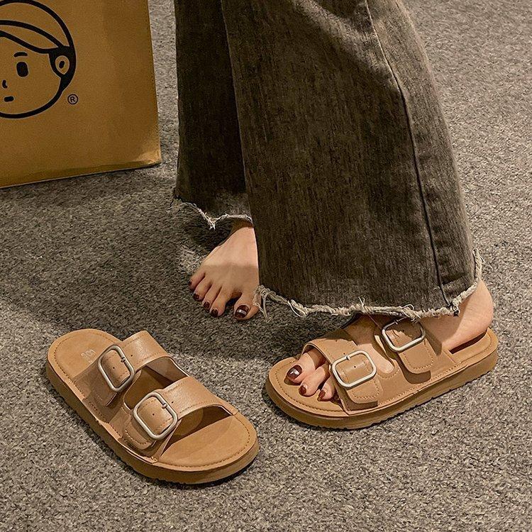 2025 summer new belt buckle half slippers women's non-slip casual Boken versatile retro one-word open-toed cool slippers