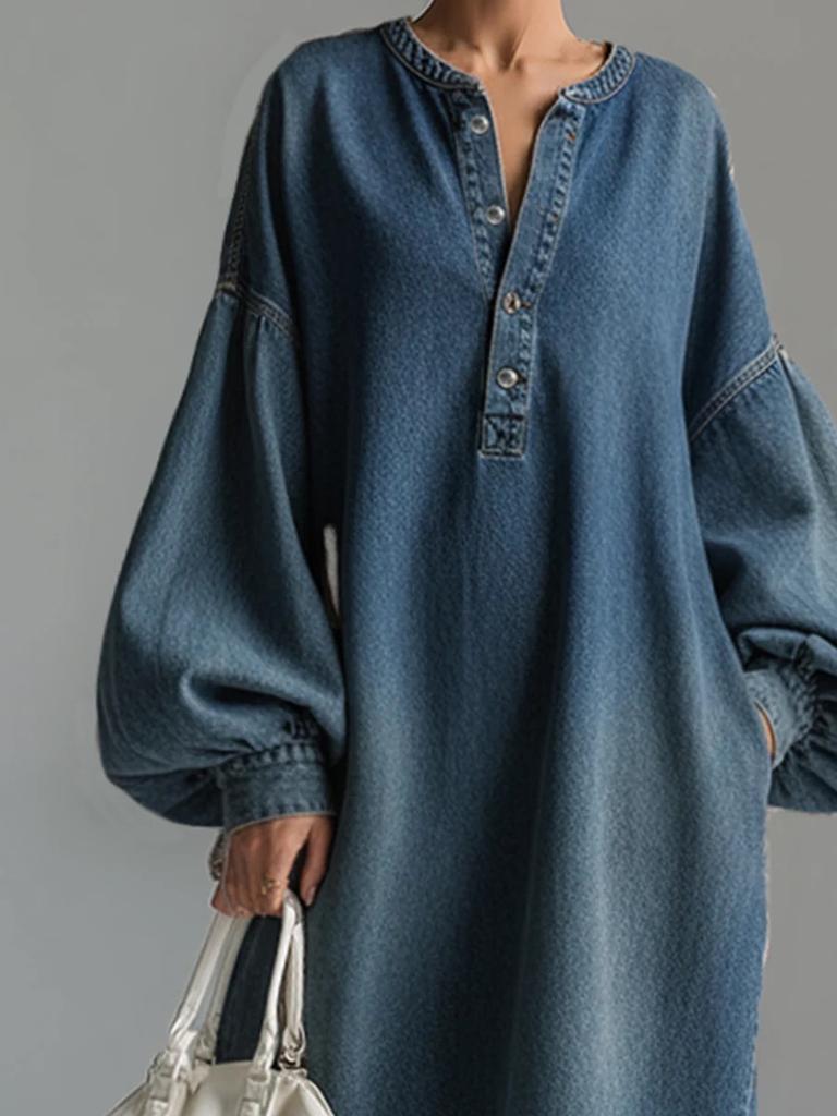 Distressed Polo Neck Long Sleeve Denim Maxi Dress for Women Spring New Retro Plus Size