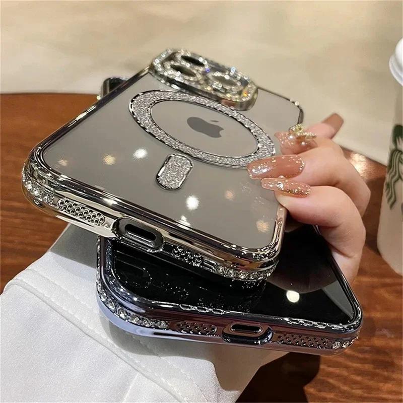 For iPhone 16E Pro Max Luxury Magsafe Magnetic Plating Flash Diamond Phone Case For iPhone 11 12 13 14 15 Plus Rhinestone Cover