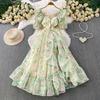 French beautiful super fairy chiffon printed square neck bubble sleeve dress women's vacation waist thin ruffle edge dress
