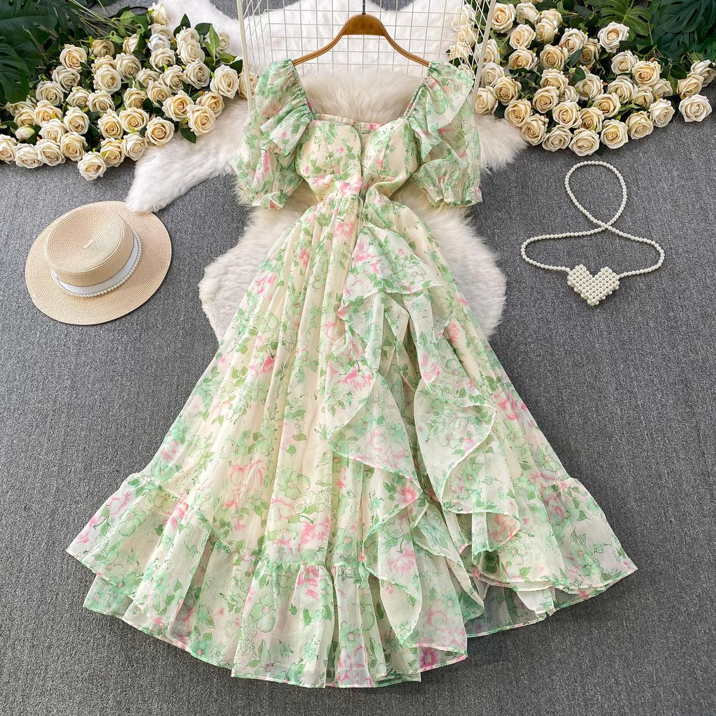 French beautiful super fairy chiffon printed square neck bubble sleeve dress women's vacation waist thin ruffle edge dress