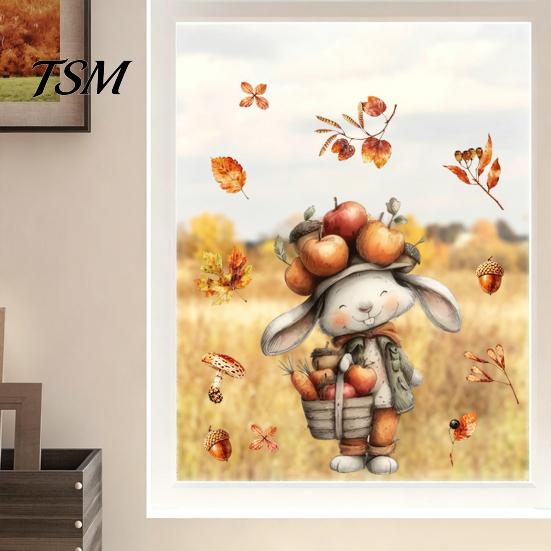 Autumn Pastoral Theme Window Art Static Sticker with Cute Animals & Maple Leaves, Removable Harvest Decals of Forest Festival Clings, Waterproof