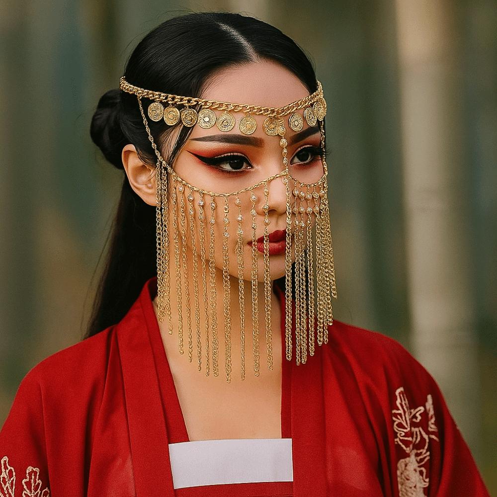 Gold Belly Dance Face Veil Coin Bell Masquerade Mask Fashion Curtain Head Chain  Hair Accessories