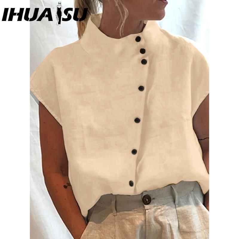 

IHUASU Женские модные повседневные однотонные блузки и рубашки с принтом и коротким рукавом XXXL хаки