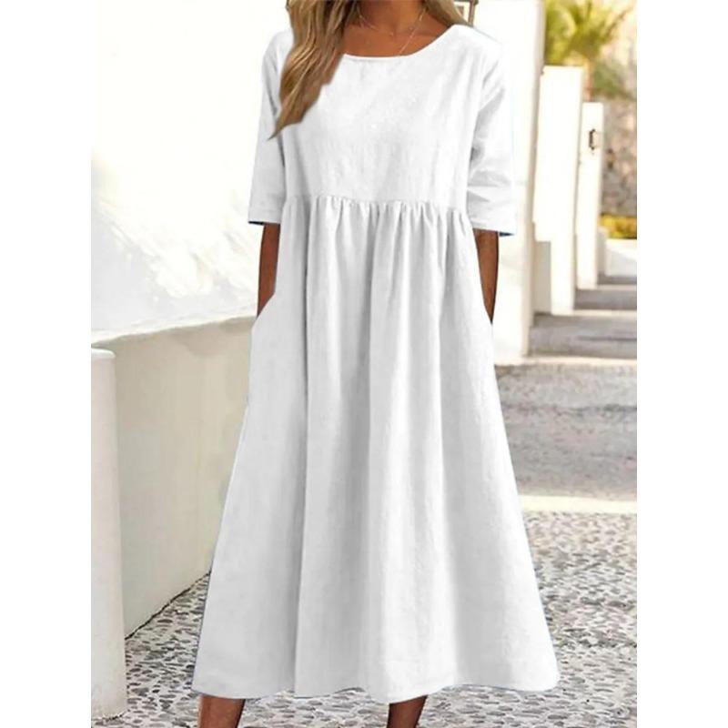 Abito Estivo Casual a Maniche Corte 2025 Taglia Plus Cotone Elegante Donna Tasca Plissettato Ampio Girocollo A-line Abiti da Festa Tinta Unita Abbigliamento da Donna
