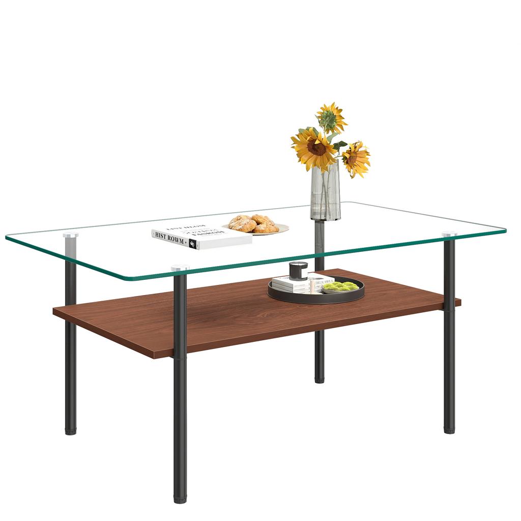 Modern Coffee Table with Glass Top and MDF Shelf, 2-Tier Living Room Table with Metal Frame, Sofa Table with Storage, Black/Wood - H45/W98/D58 cm