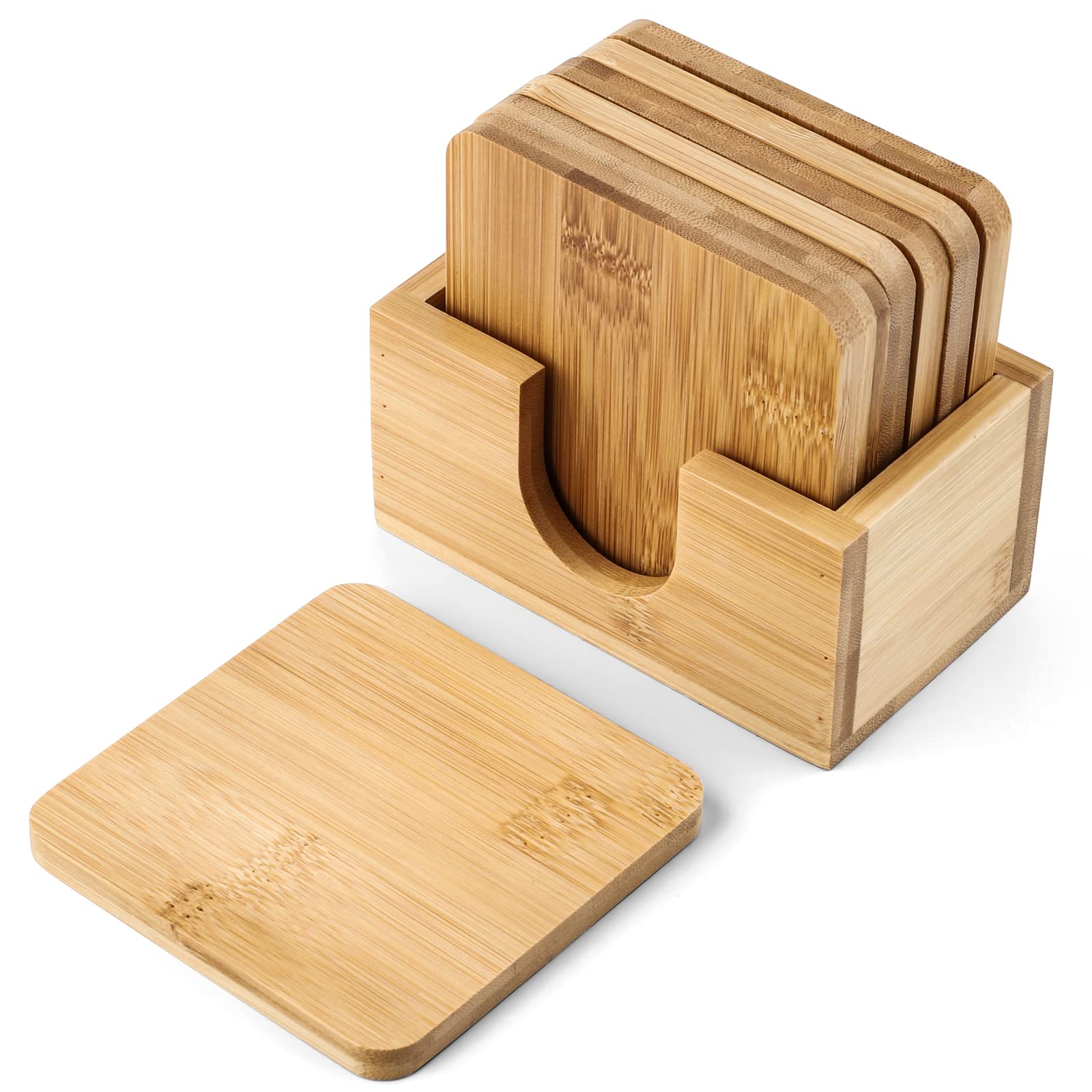 

Set of 6 Natural Bamboo Coasters, Cup Pads, and Cup Mats with Bamboo Storage Case. Insulated, Quick-Drying, Non-Slip, 9.5cm x 9.5cm.