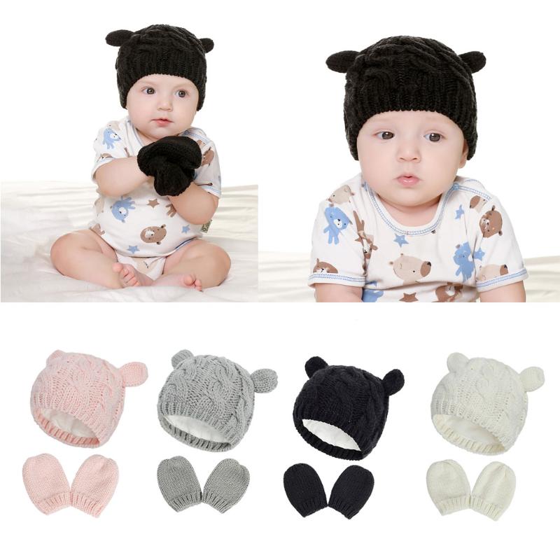 Baby Hat and Mittens Set Kids Knitted Beanie Cap Winter Warm Pompom Hats Gloves