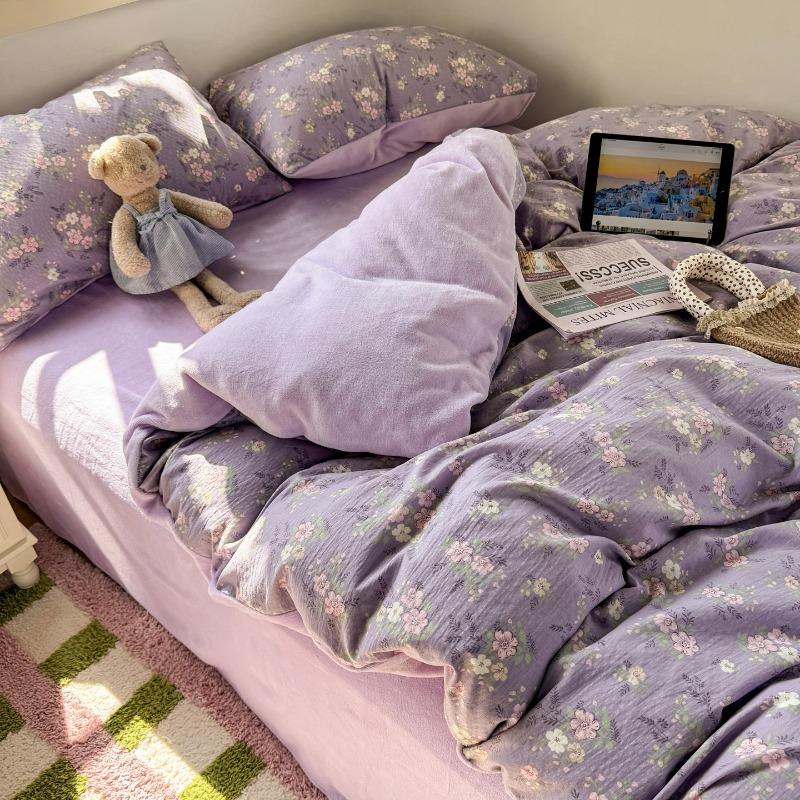 

Autumn and winter thickened milk fleece bed 4-piece set double yarn quilt cover bed sheet three-piece set for students 1.2m sheet 3pcs