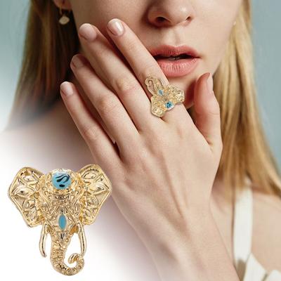 Unisex Ring Elephant Shape Exaggerated Bohemian Retro Faux Turquoise Smooth Alloy Finger Ring Party Club Knuckle Ring Adult Jewelry