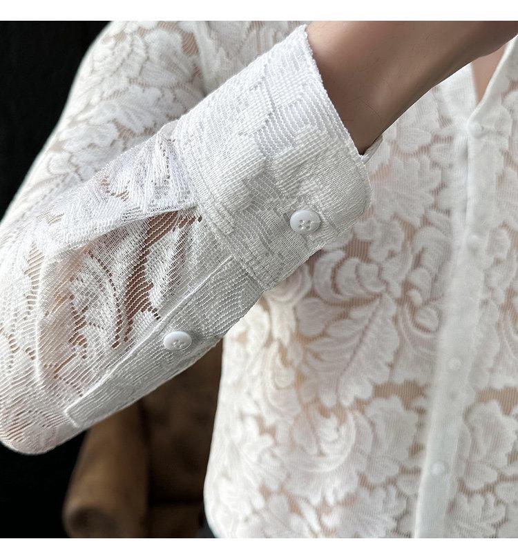 Stylowa Męska Koszula z Koronki w Stylu Light Luxury, Dopasowana, z Długim Rękawem - Trend Brytyjski Wiosna/Lato 2024