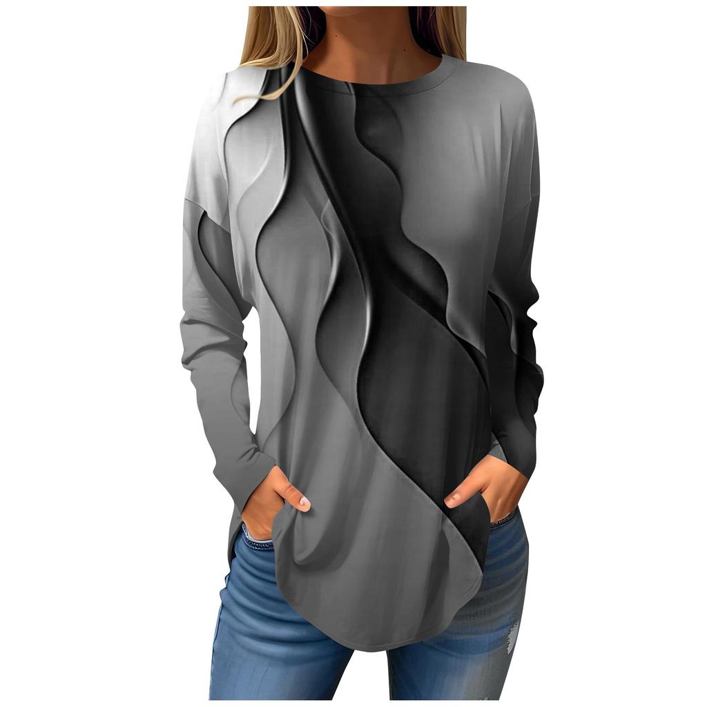 Women's Loose Round Neck Line Print Long Sleeve T-Shirt Top Pullover