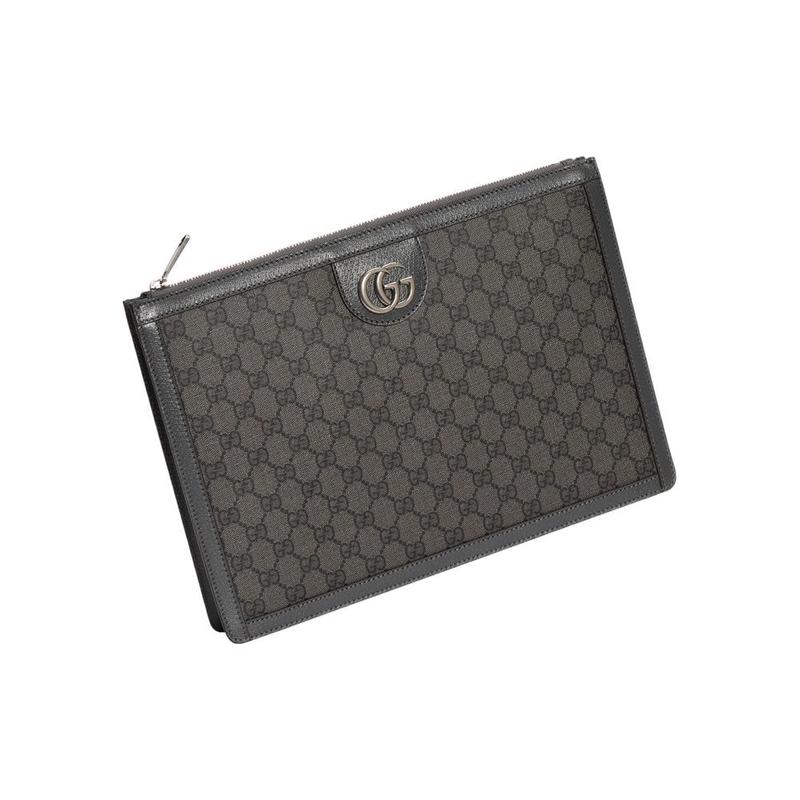 Gucci [23 Early Spring New Style] Ophidia Double G Silver Label Logo Zipper Closure Canvas and Leather Trim Clutch Regular Men's Gray