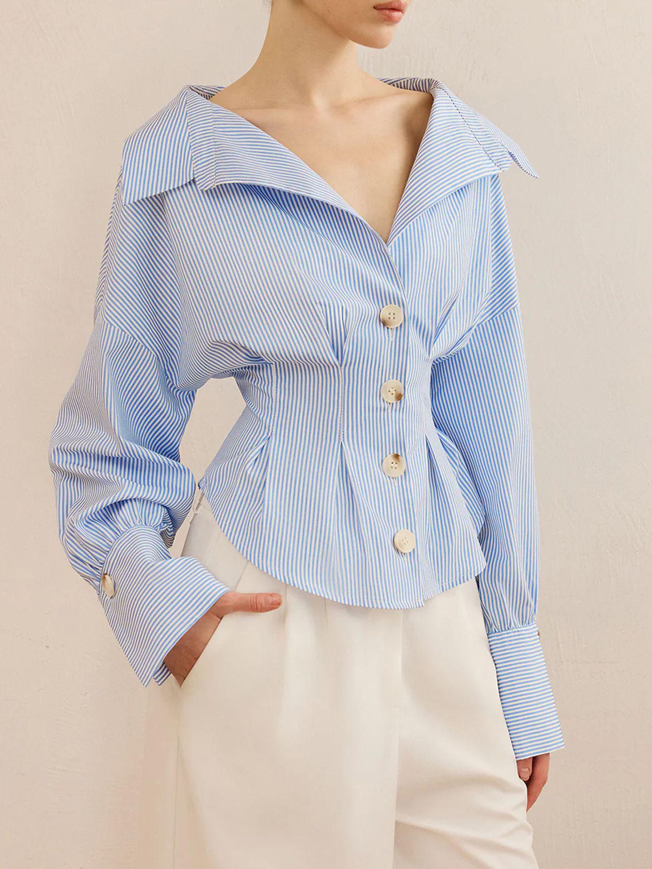 Trendy Women s European & American Striped Long-Sleeve Shirt - Niche Spring/Autumn Design XL синий