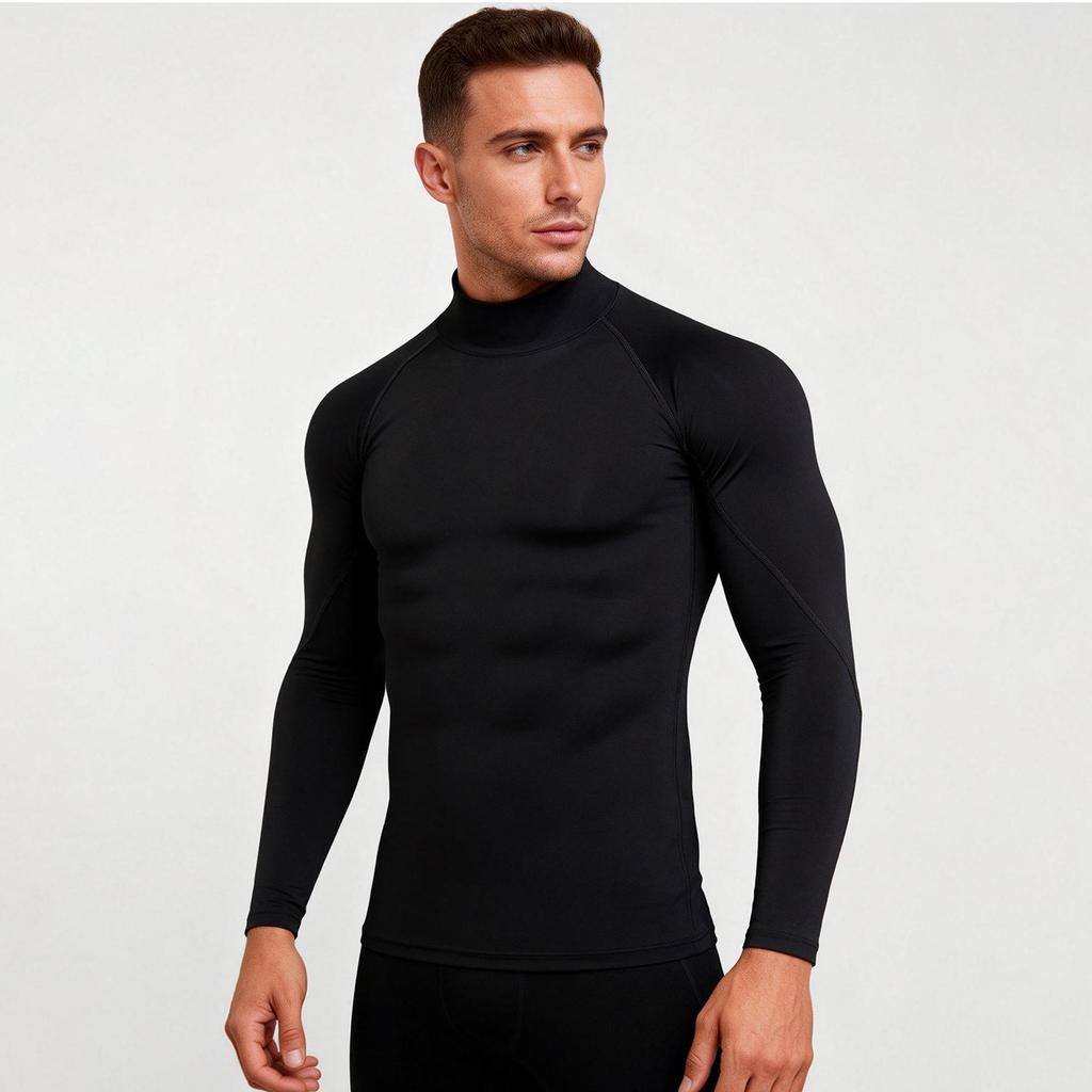 Men's Silk Grid High-Neck Performance T-Shirt - Elastic, Quick-Dry, Long-Sleeve for Autumn/Winter Running.