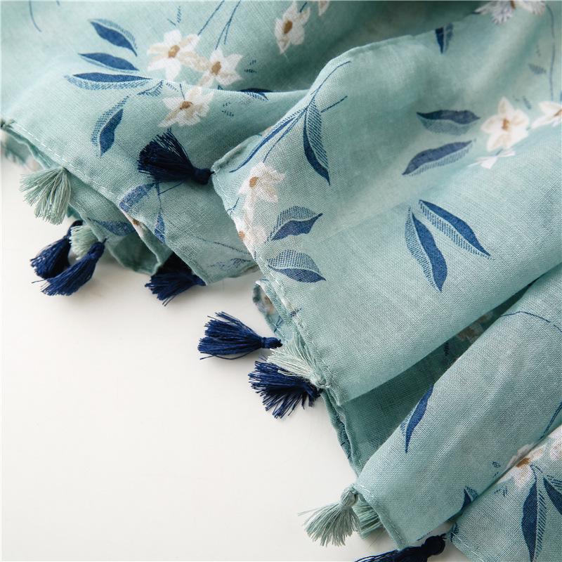 Women's Tassel Scarf: Green Leaf Print, Cotton-Linen Blend, Multi-Functional Shawl for Sun Protection, Spring To Autumn.