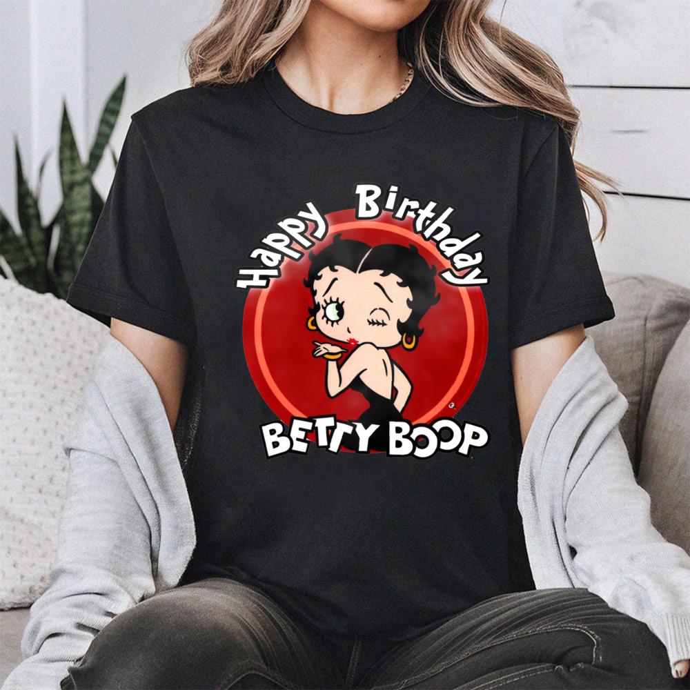 Winking Betty Boop in Red Circle Happy Birthday TShirt Retro Style Women Casual Cotton Short Sleeve Betty Boop Fan Gift Shirt