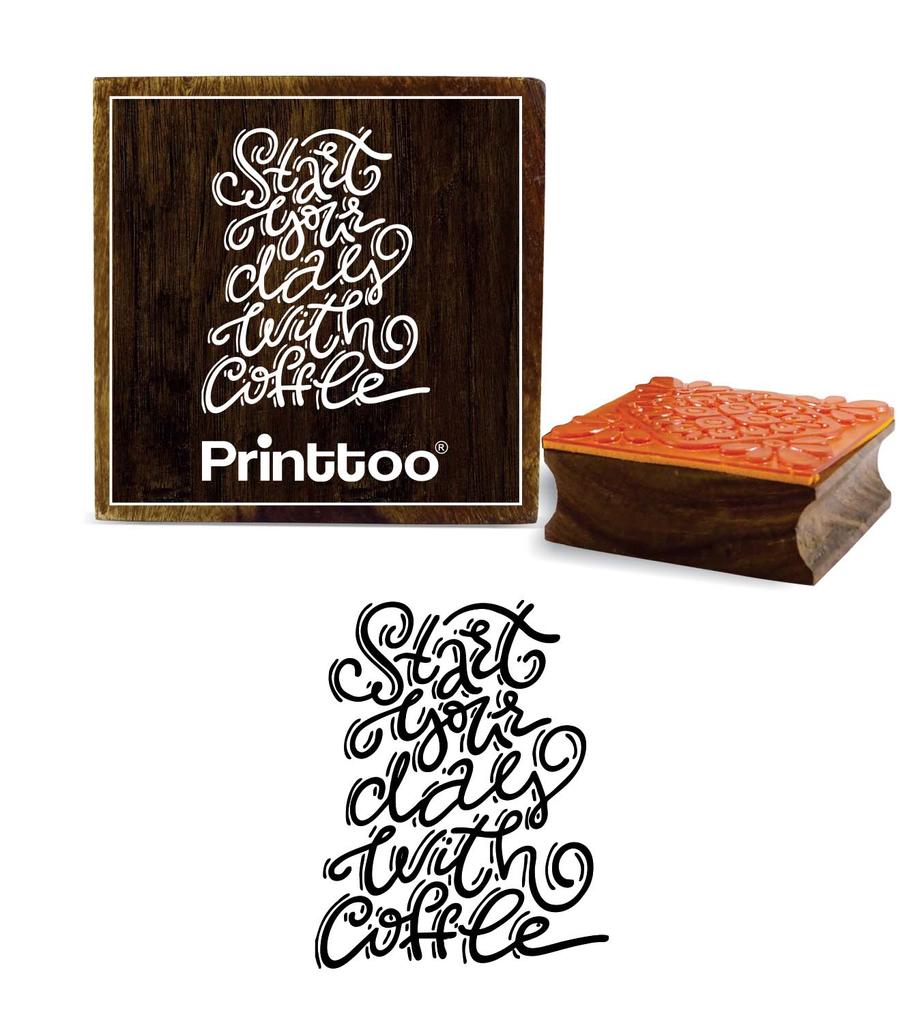 Printtoo Start Your Day With Coffee Word Design Square Wooden Rubber Stamp-2 x 2