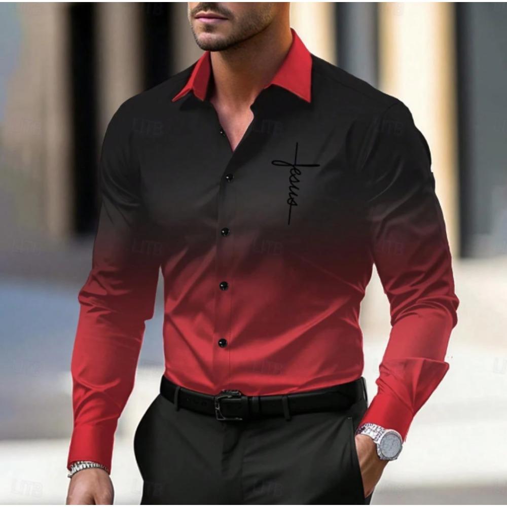 Men's Gradient Color Printed Long Sleeve Shirts Casual Cardigan New Button Holiday Fashion Shirts