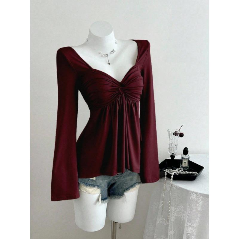 Damen V-Ausschnitt Langarm Einfarbig Falten Taille Eng Anliegend Freizeit Pullover T-Shirt M claret