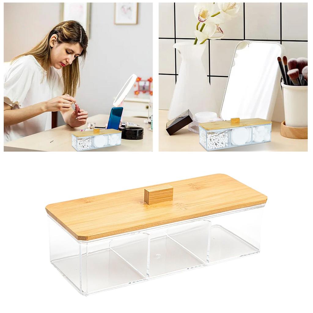 Transparent Makeup Cotton Pads Swab Storage Bin Case Cosmetics Organizer Box With Bamboo Cover For Women Makeup Holder Storage