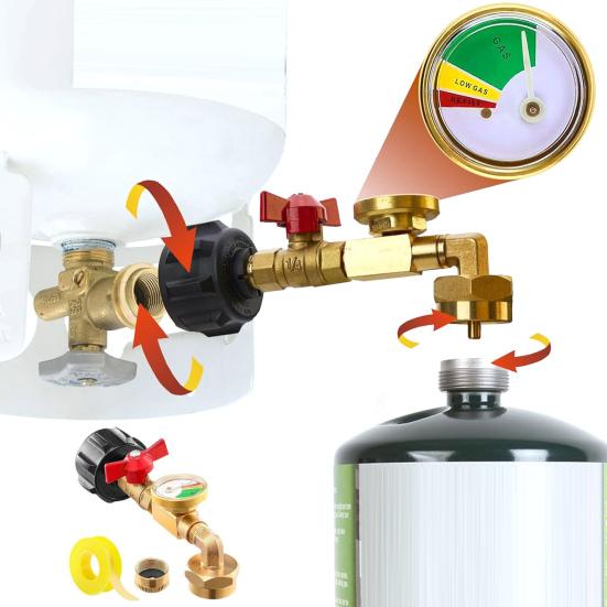 Adaptér pro plnění propanových lahví 1 lb, převodník z 20 lb na 1 lb s manometrem, mosazný 90° koleno, adaptér pro plnění propanových lahví pro BBQ gril, sporák, kempování