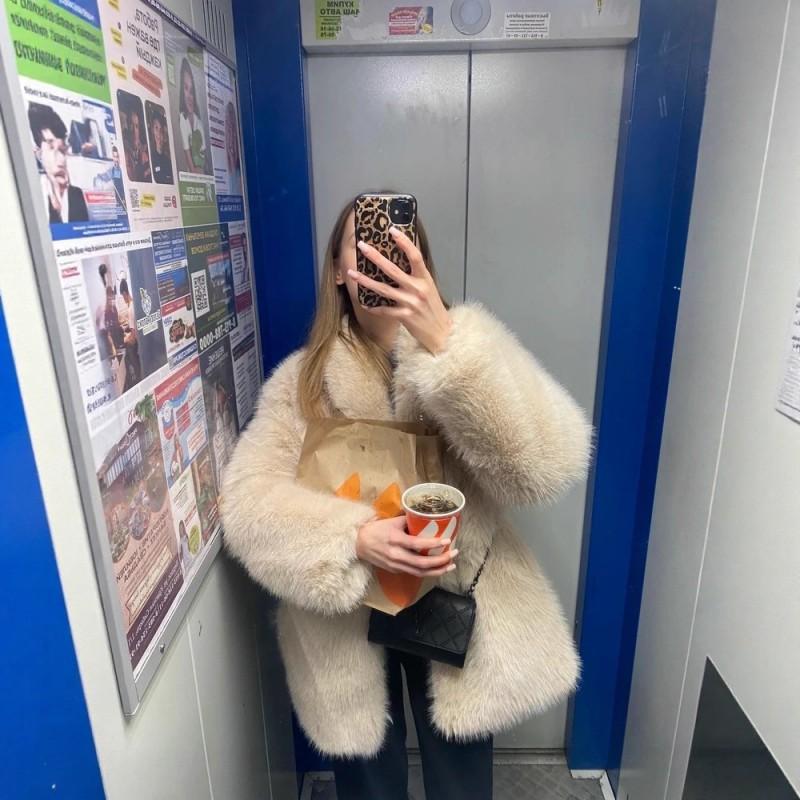 Womens Faux Fur Coat Winter Thick Warm Fox Trim Belted Streetwear Mid-Length Jacket Coffee Beige