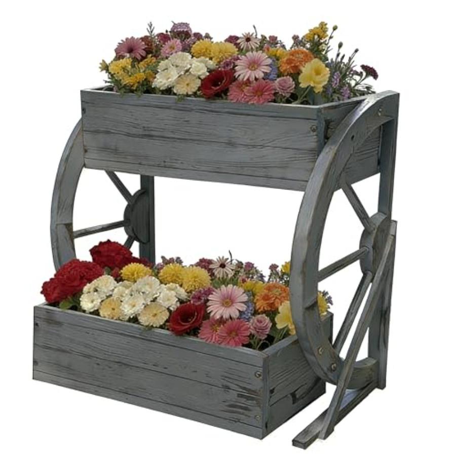 

Wooden Wagon Garden Planter Box with Wheels-Indoor/Outdoor Decor for Patio Backyard Balcony-Country Farmhouse Flower Box-2 Tier United States
