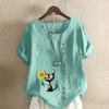 Women's Fashion Sunflower Black Cat Prined Short Sleeve T-shirt Loose Cotton Shirt Casual Loose Summer Blouse Tops Plus Size