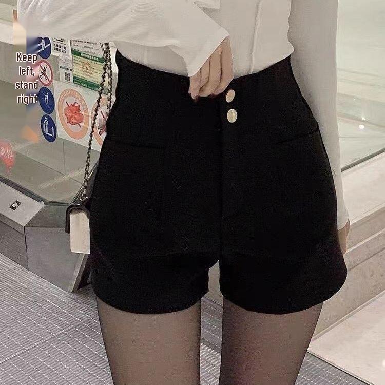 Black High-Waist Elastic Slimming Shorts - Casual Spring/Autumn Fashion