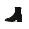 Suede Short Boots Women's 2024 Autumn New Foreign Thick Heel Metal Square Head Middle Heel Elastic Thin Socks Boots