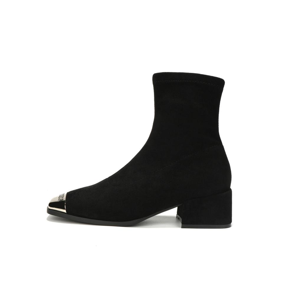 Suede Short Boots Women's 2024 Autumn New Foreign Thick Heel Metal Square Head Middle Heel Elastic Thin Socks Boots