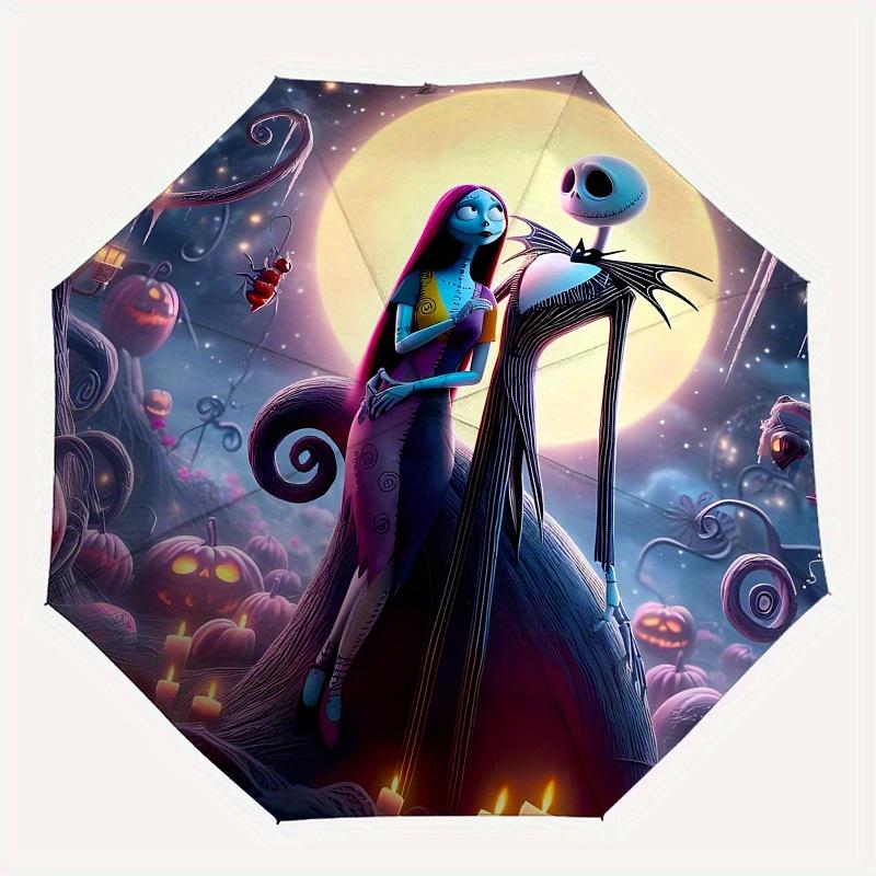 Jack Skellington, Sally Automatic Opening and Closing Umbrella - 8 Ribs Portable Folding Umbrella with Plastic Handle, Suitable for Leisure