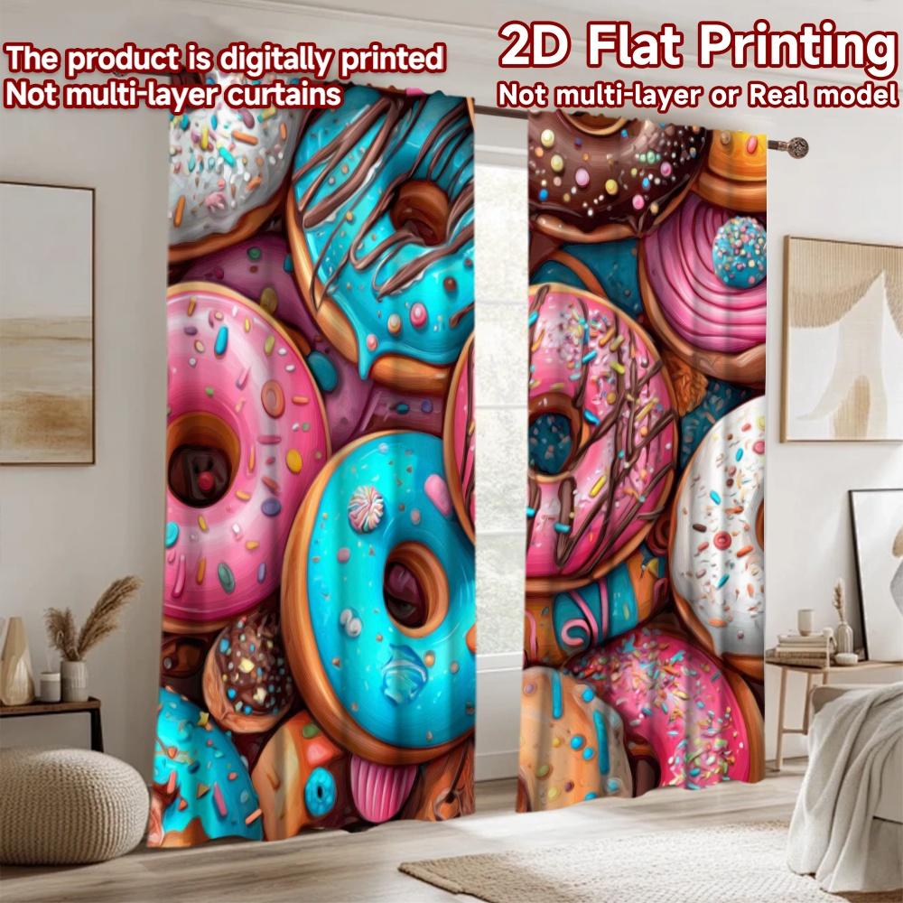 2D Flat Printing 2pcs Scene Curtains Donuts Colorful Sweet Frosting Digital Printed Polyester Drapes Festive Curtains Use for