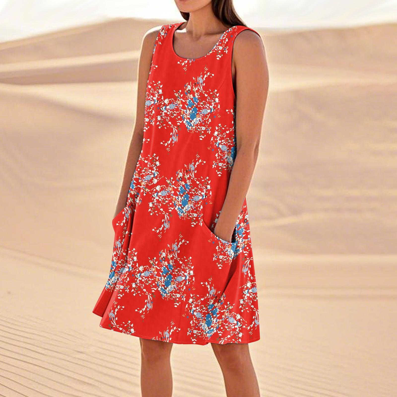 

Летние платья для женщин, свободные пляжные повседневные сарафаны без рукавов с карманами, платье-майка XL красный