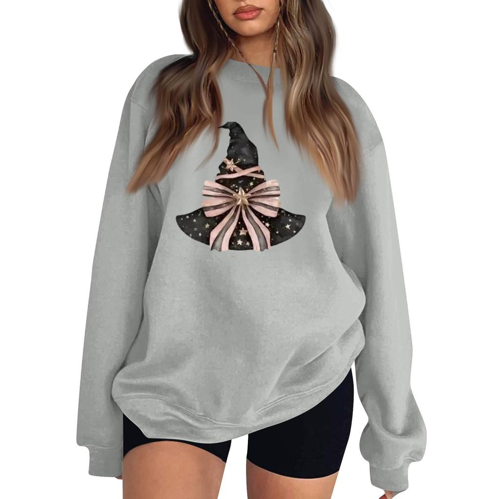 Women's Comfortable Round Neck Long Sleeve Sweatshirt Loose Fit Casual with Color and Halloween Print