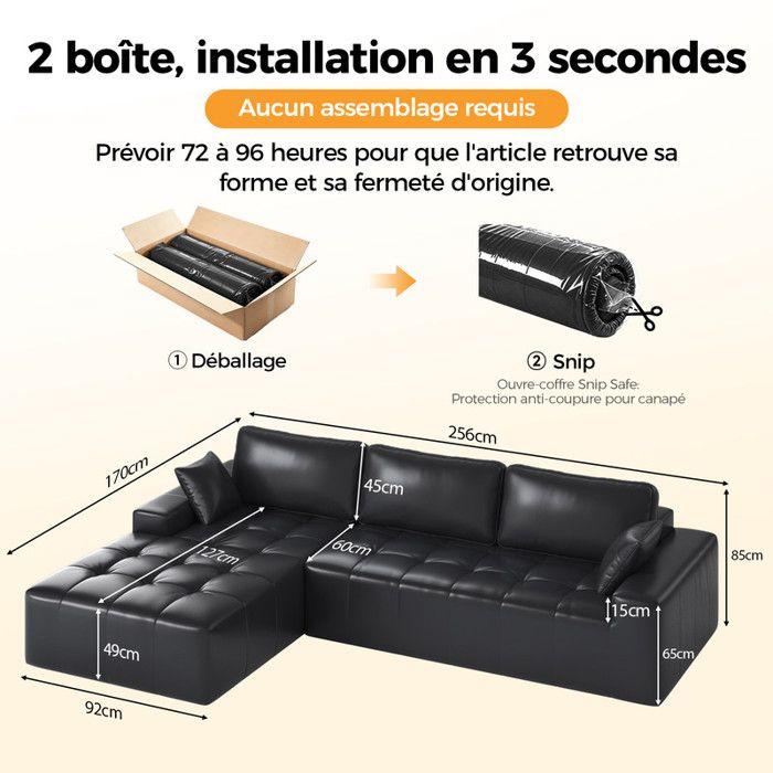 Left Corner Sofa 263x171x 59cm 4 Seats, Free Combination, Without Assembly L-shaped Sofa with Chaise Longue Black In Faux Leather