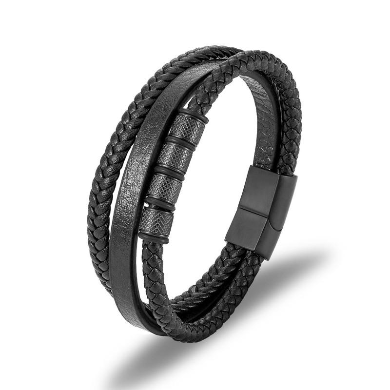 Mens Minimalist Multi-Layer Braided Leather Bracelet Stainless Steel Cuff Geometric Design Adjustable Size