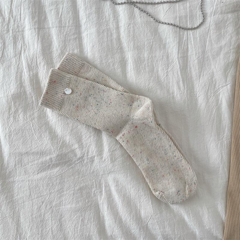 Colorful Polka Dot Yarn Shell Decorated Socks for Women, Spring and Autumn, Candy-colored Mid-calf Socks, Solid Color Sweet Pile Socks