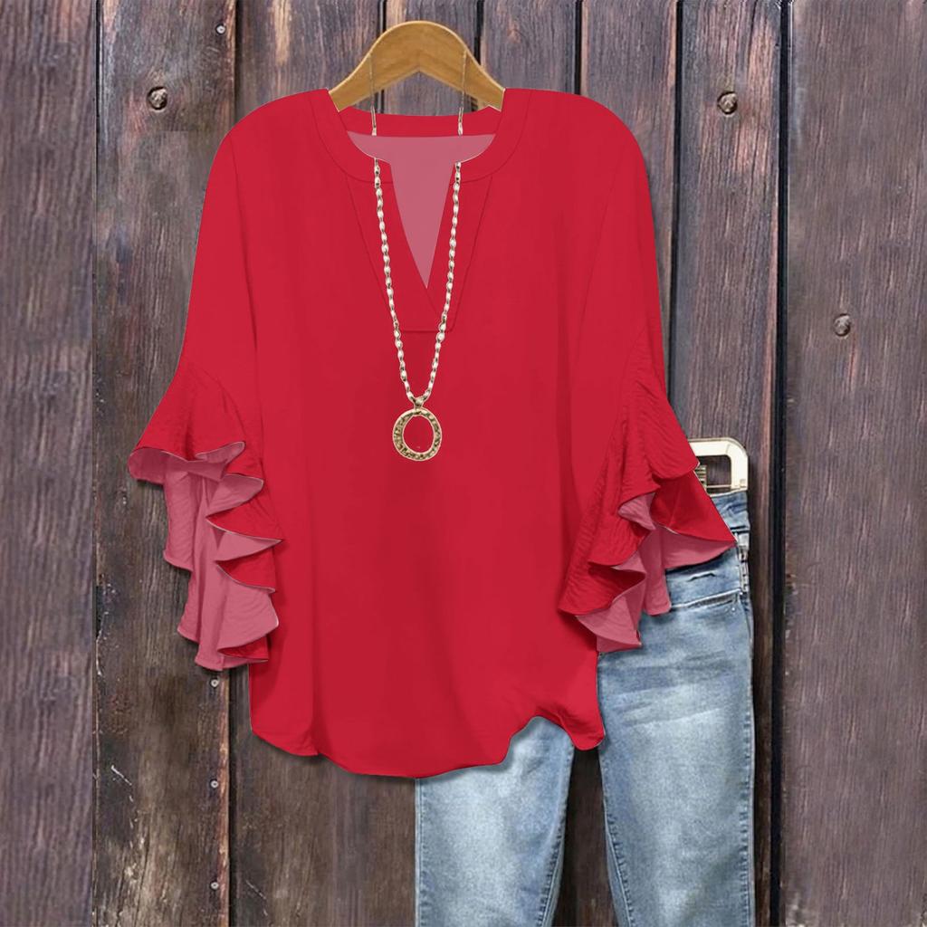 3/4 Sleeve Shirts For Women Cute Print Graphic Tees Blouses Casual Plus Size Basic Ruffled Sleeve Tops Pullover