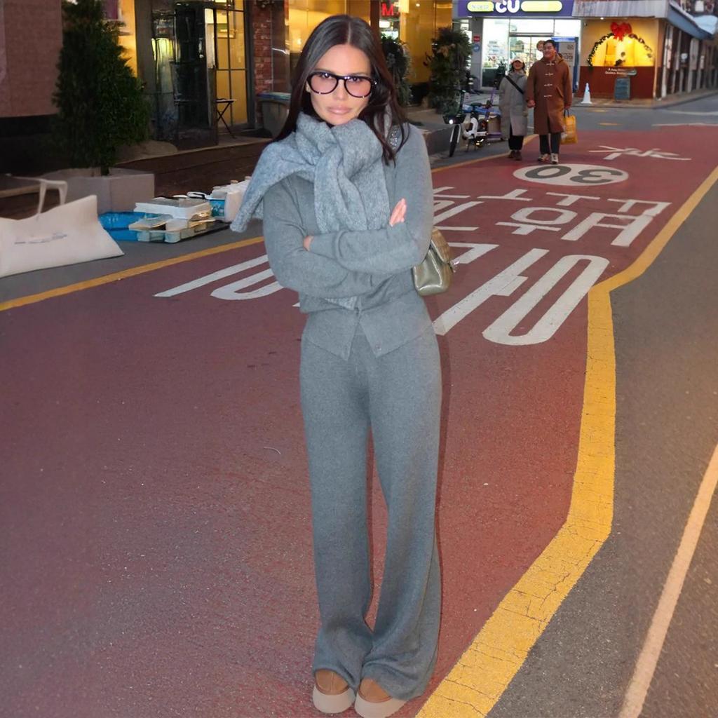 Women's Beige Knit Two-Piece Set Long Sleeve Cardigan and Wide Leg Pants
