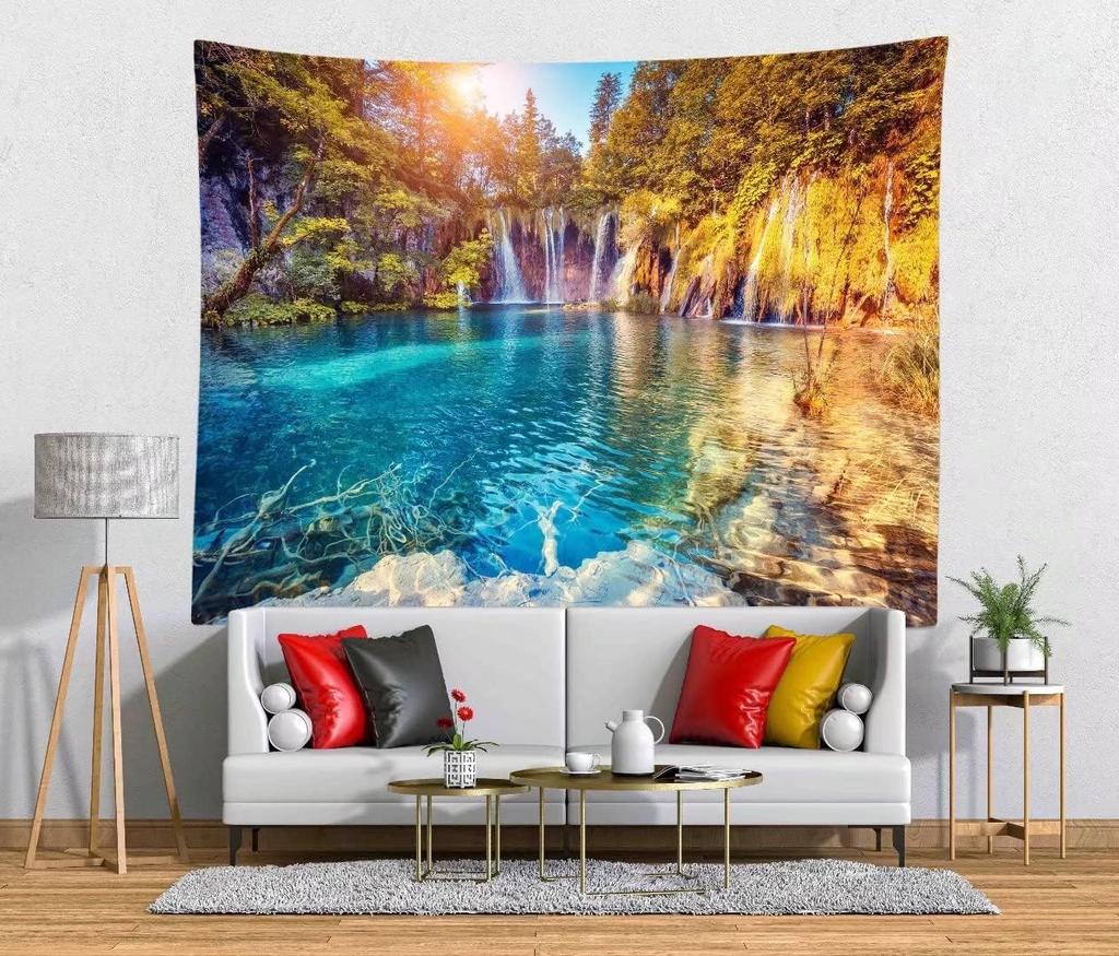 Waterfall Tapestry Backdrop Forest Landscape Tapestry Wall Hanging Lake River Natural Scenery Background Living Room Dorm Decor