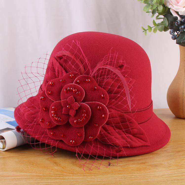 New Hat Ladies Korean Version Bowler Hat Handmade Beaded Woolen Woolen Pot Hat Autumn And Winter Warm Bucket Hat