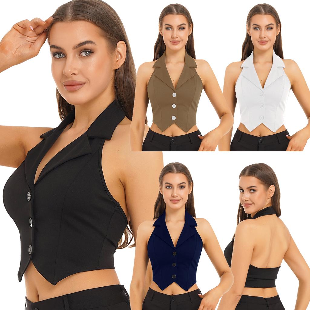 Women's Fashion Solid Color Crop Tops Lapel Halter Backless Button Down Pointed Hem Vest for Party Casual