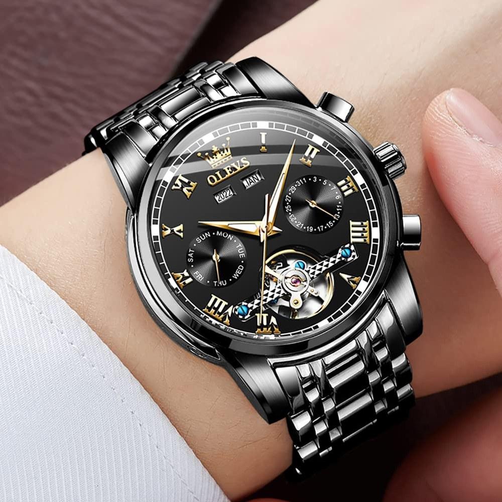 OLEVS Men's Mechanical Automatic Moon Phase Skeleton Watch 41mm Waterproof Luminous Stylish