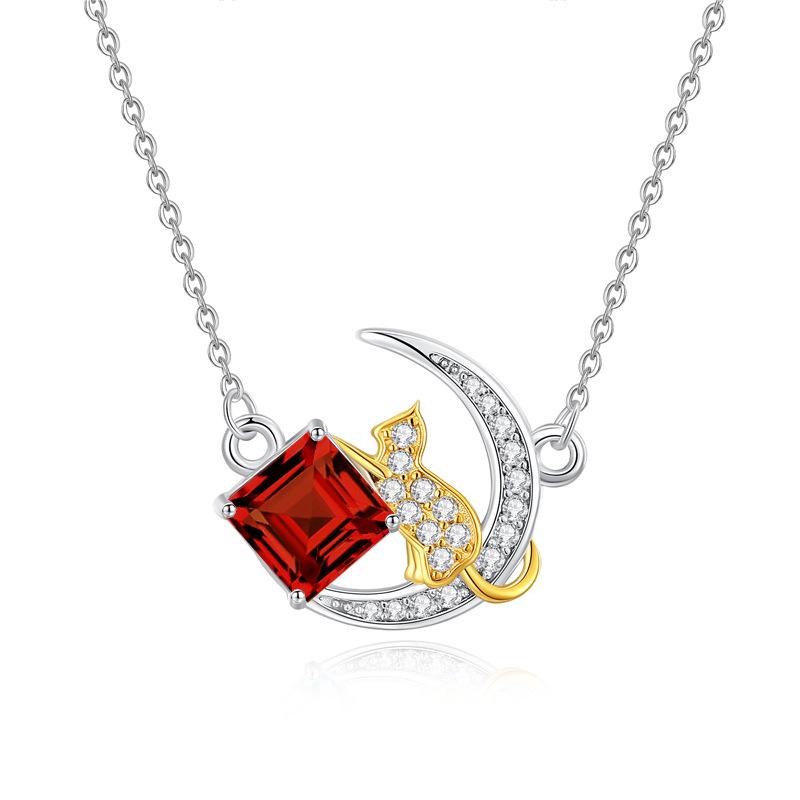S925 Sterlingsilber Mond Stern Halskette für Damen Naturstein Anhänger Süße Katze Schlüsselbein Kette Mode Retro Schmuck Geschenk