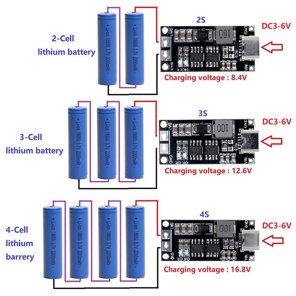 18650 Lithium Battery 2S 3S 4S Type-C To 8.4V 12.6V 16.8V Charging Boost Module Step-Up Boost LiPo Polymer Li-Ion Charger 1/2/4A